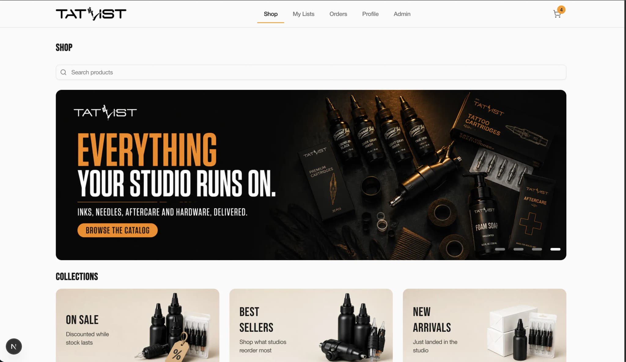 The Tatlist shop page with its search bar, promo banner, and collections row