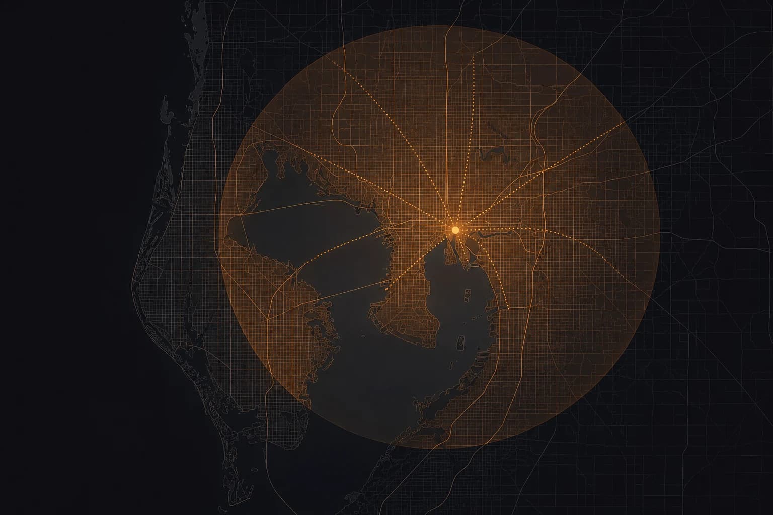 Stylized map of Tampa Bay with the Tatlist delivery zone glowing around downtown Tampa